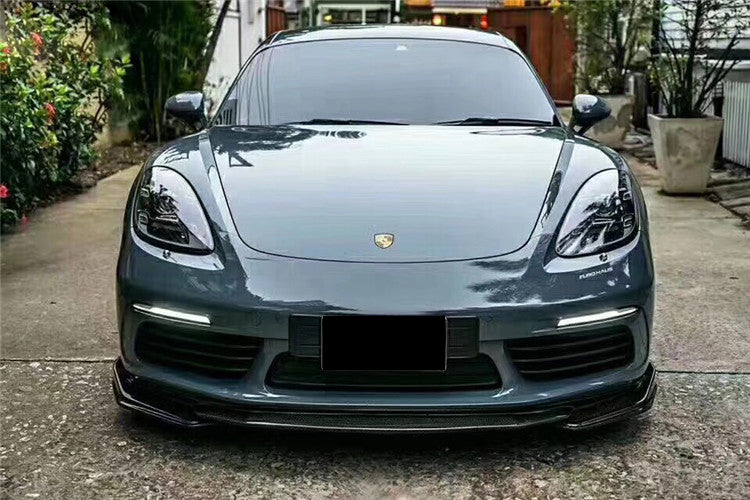 Real Carbon Fiber Front Lip For Porsche 718 Boxster/Cayman 2016-2022 | Gloss Black Forge Carbon | Lightweight & Scratch-Resistant | Non-Destructive Install